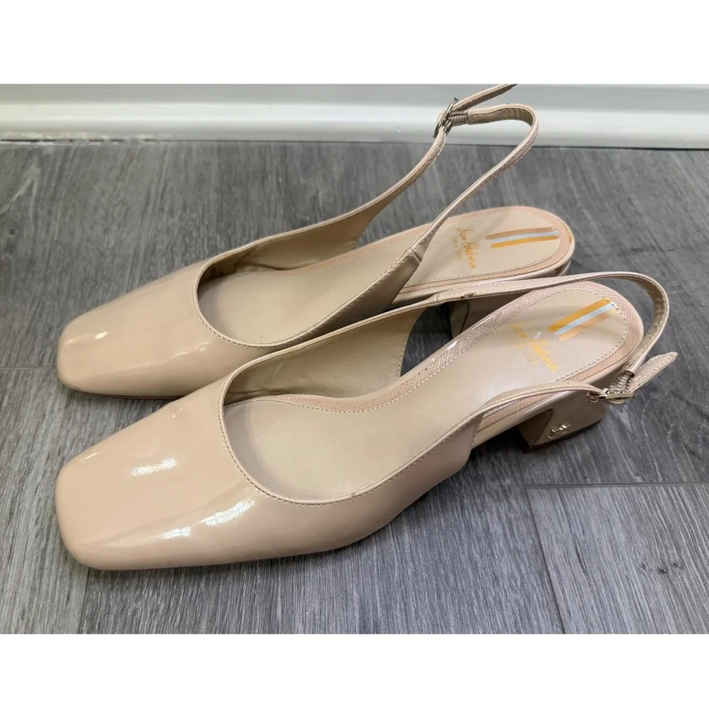 Sam Edelman Terra Slingback Pumps 8M Nude Patent Block Heel Square Toe Office